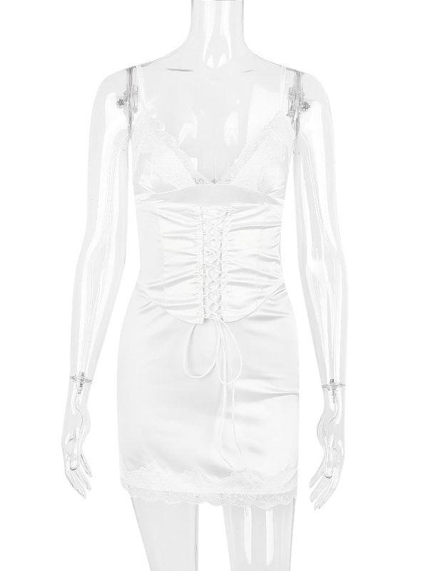Lace Trim Satin Slip Mini Dress With Corset Lace Trim Satin Slip Mini Dress With Corset
