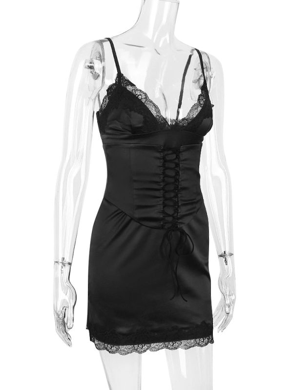 Lace Trim Satin Slip Mini Dress With Corset Lace Trim Satin Slip Mini Dress With Corset