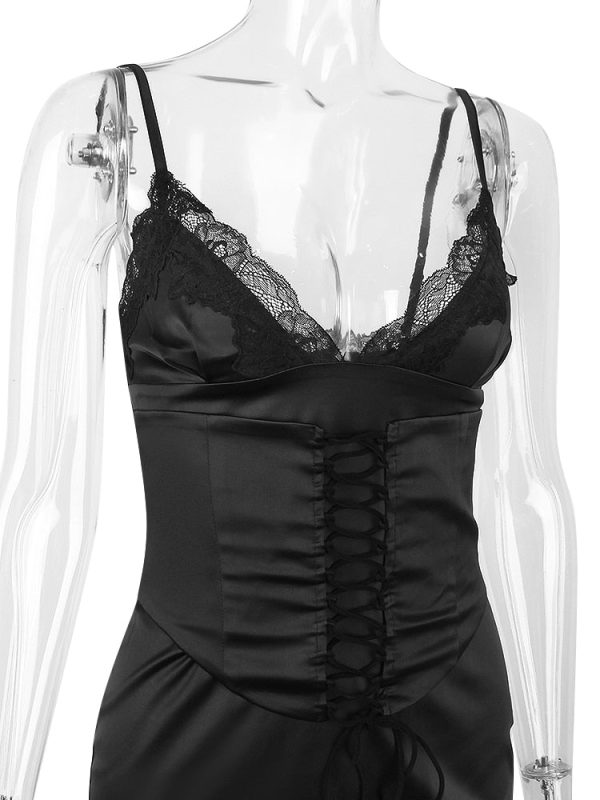 Lace Trim Satin Slip Mini Dress With Corset Lace Trim Satin Slip Mini Dress With Corset