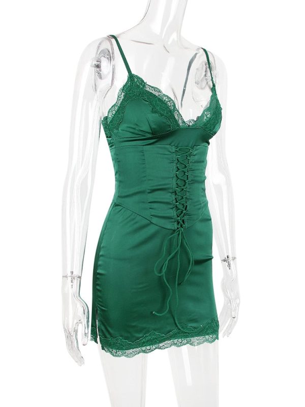 Lace Trim Satin Slip Mini Dress With Corset Lace Trim Satin Slip Mini Dress With Corset