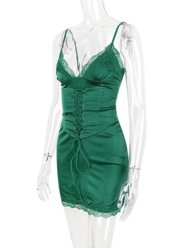 Lace Trim Satin Slip Mini Dress With Corset Lace Trim Satin Slip Mini Dress With Corset