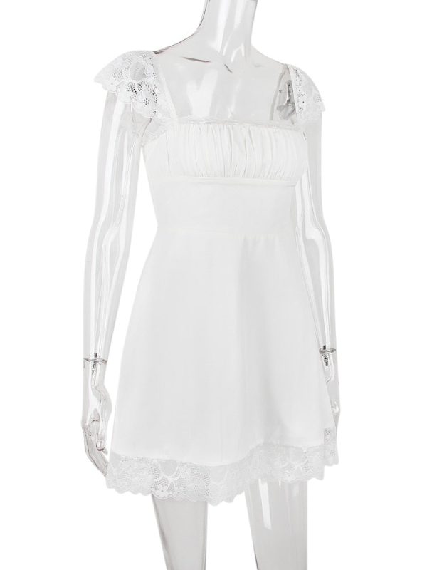 Lace Trim Square Neck Frill Mini Dress Lace Trim Square Neck Frill Mini Dress