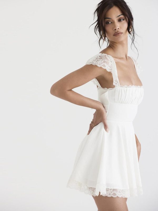 Lace Trim Square Neck Frill Mini Dress Lace Trim Square Neck Frill Mini Dress
