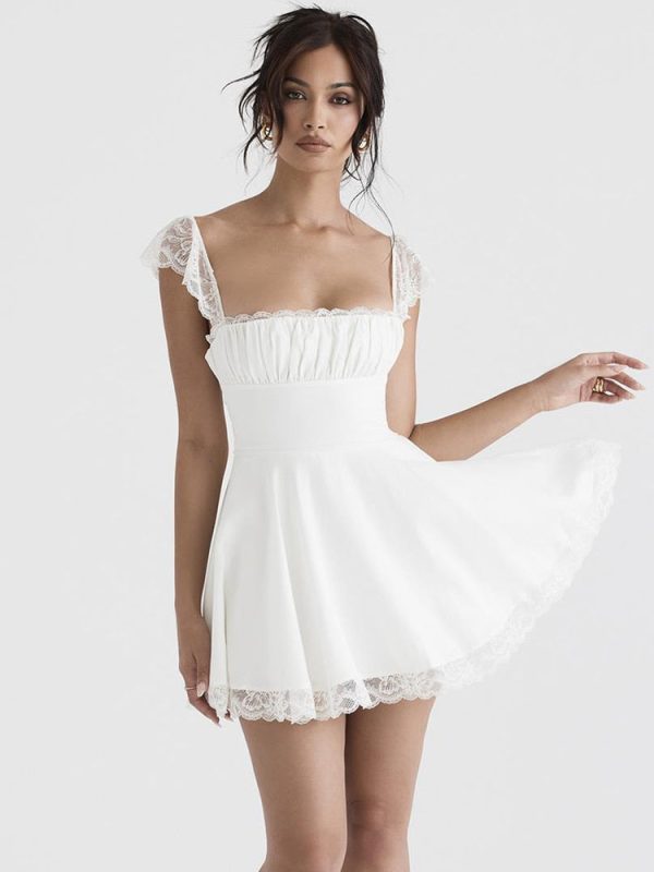 Lace Trim Square Neck Frill Mini Dress Lace Trim Square Neck Frill Mini Dress