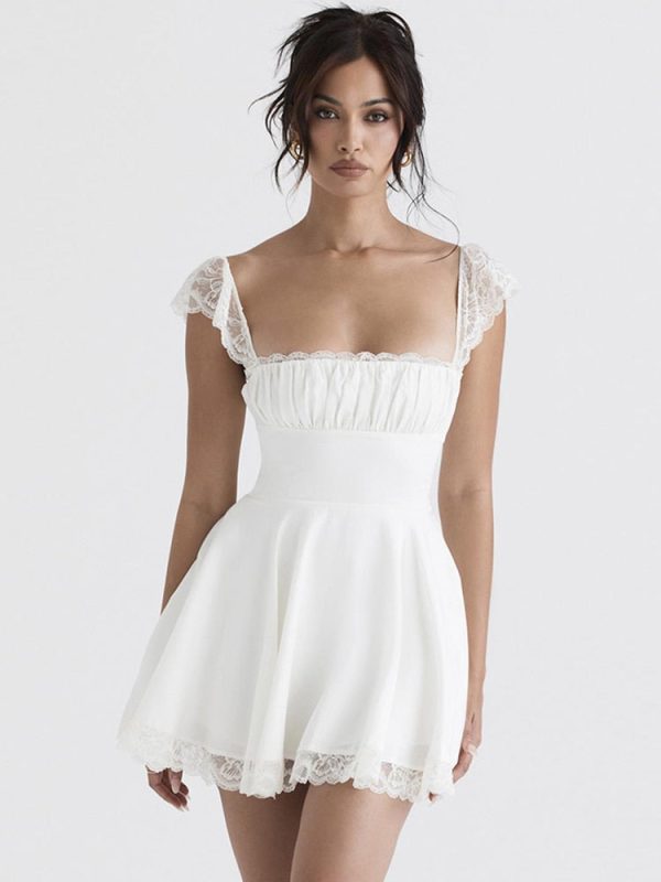 Lace Trim Square Neck Frill Mini Dress Lace Trim Square Neck Frill Mini Dress