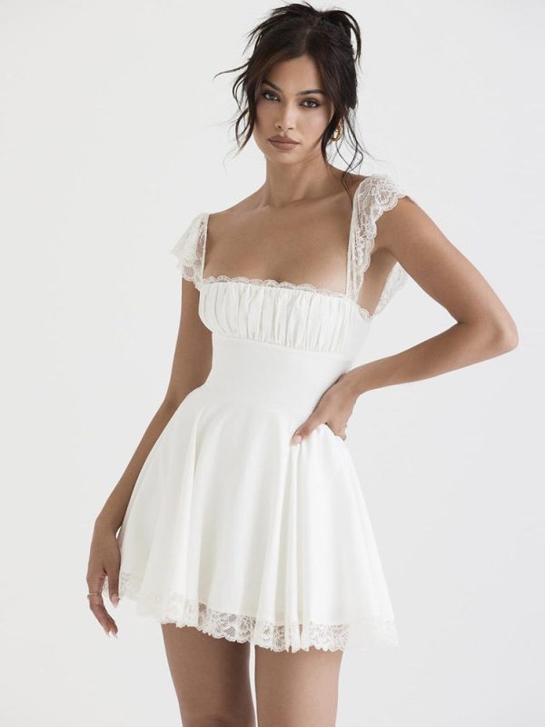 Lace Trim Square Neck Frill Mini Dress Lace Trim Square Neck Frill Mini Dress