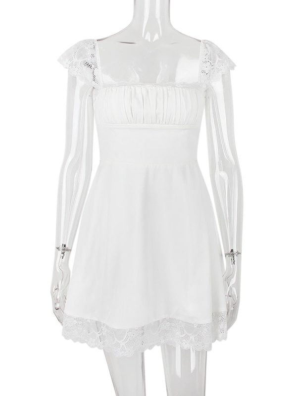 Lace Trim Square Neck Frill Mini Dress Lace Trim Square Neck Frill Mini Dress