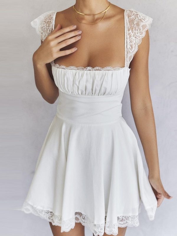 Lace Trim Square Neck Frill Mini Dress Lace Trim Square Neck Frill Mini Dress