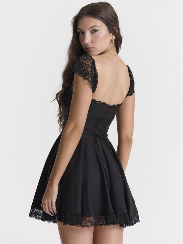 Lace Trim Square Neck Frill Mini Dress Lace Trim Square Neck Frill Mini Dress