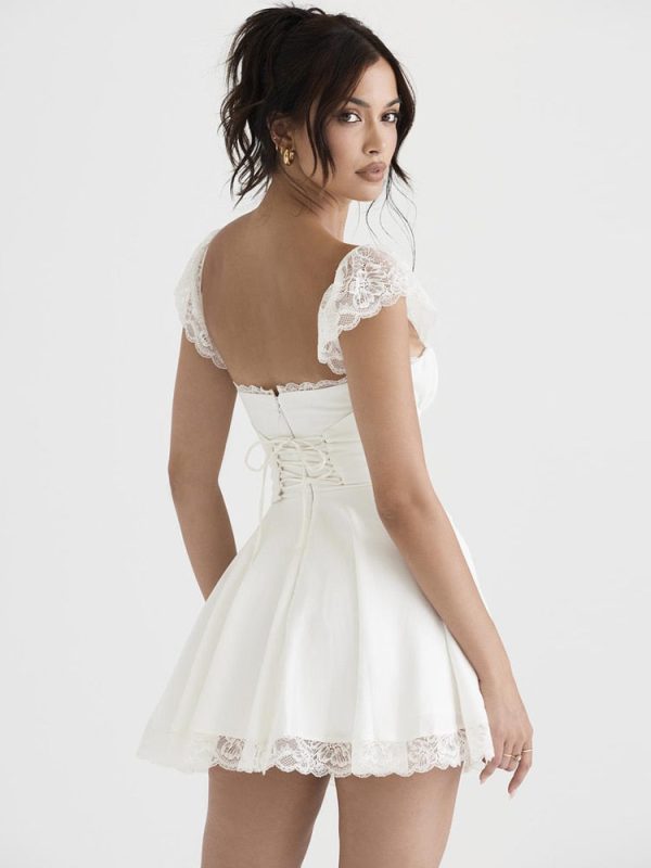 Lace Trim Square Neck Frill Mini Dress Lace Trim Square Neck Frill Mini Dress