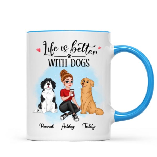 Life Better With Dog Pretty Cartoon Woman & Sitting Dog Personalized Mug