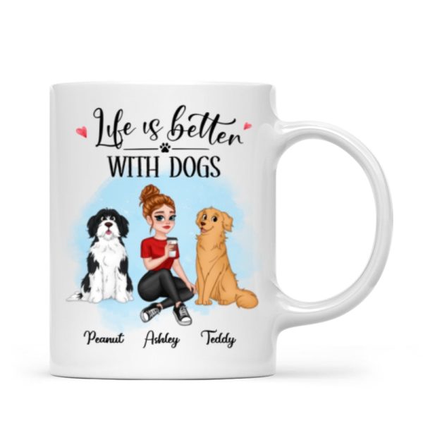 Life Better With Dog Pretty Cartoon Woman & Sitting Dog Personalized Mug