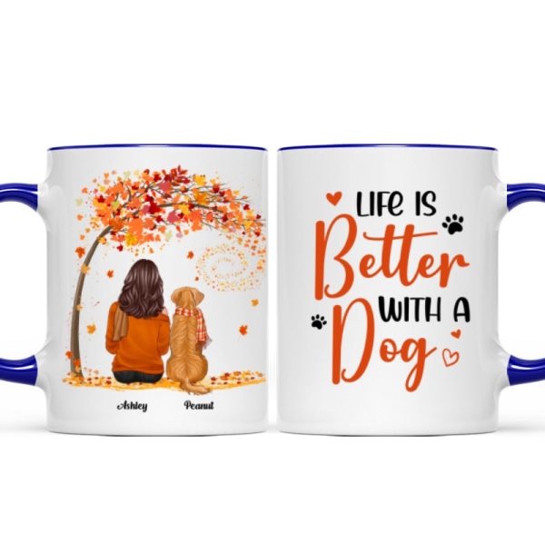 Life Is Better With Dogs Fall Season Woman Sitting Personalized Mug