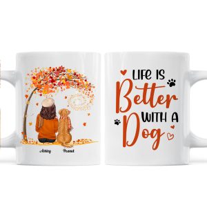 Life Is Better With Dogs Fall Season Woman Sitting Personalized Mug