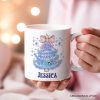 Light Blue Christmas Tree Bow Personalized Mug, Coquette Colorful Holiday Gift with Custom Name