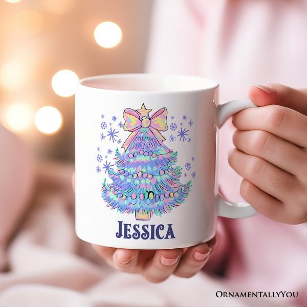Light Blue Christmas Tree Bow Personalized Mug, Coquette Colorful Holiday Gift with Custom Name
