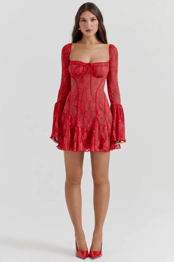 Long Sleeve Lace Square Neck Mini Dress Long Sleeve Lace Square Neck Mini Dress