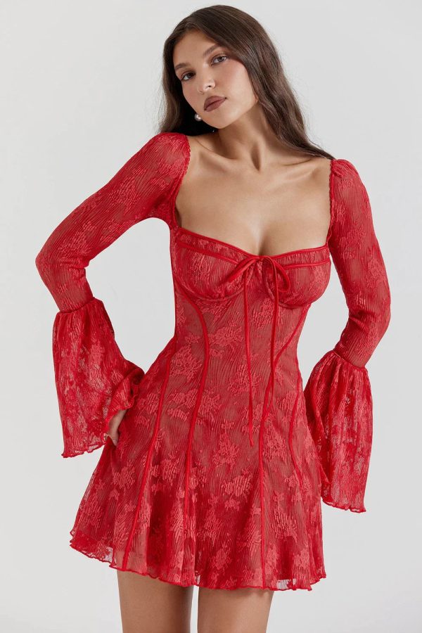 Long Sleeve Lace Square Neck Mini Dress Long Sleeve Lace Square Neck Mini Dress