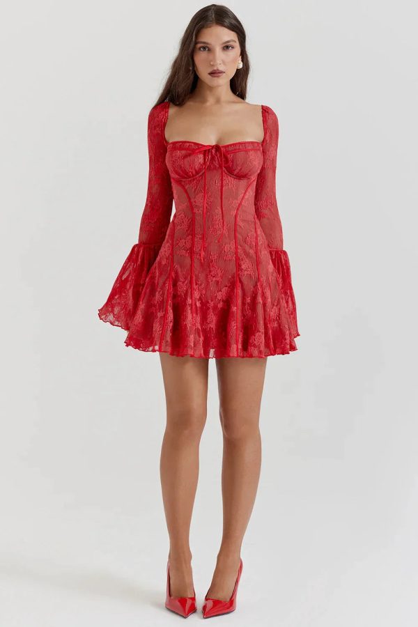 Long Sleeve Lace Square Neck Mini Dress Long Sleeve Lace Square Neck Mini Dress