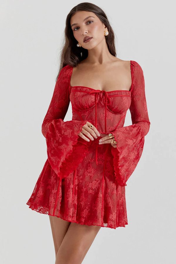 Long Sleeve Lace Square Neck Mini Dress Long Sleeve Lace Square Neck Mini Dress
