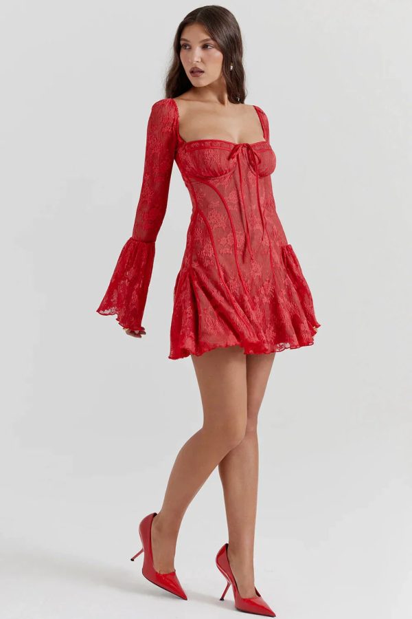 Long Sleeve Lace Square Neck Mini Dress Long Sleeve Lace Square Neck Mini Dress