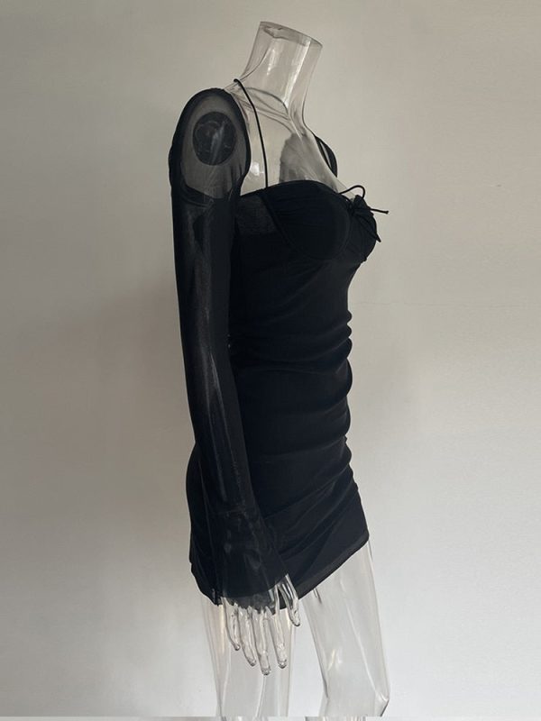 Long Sleeve Mesh Tie Up Hollow Drawstring Mini Dress Long Sleeve Mesh Tie Up Hollow Drawstring Mini Dress