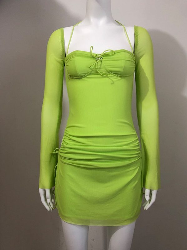 Long Sleeve Mesh Tie Up Hollow Drawstring Mini Dress Long Sleeve Mesh Tie Up Hollow Drawstring Mini Dress