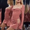 Long Sleeve Mesh Tie Up Hollow Drawstring Mini Dress Long Sleeve Mesh Tie Up Hollow Drawstring Mini Dress