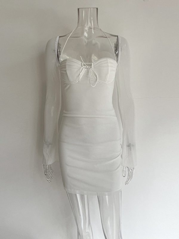 Long Sleeve Mesh Tie Up Hollow Drawstring Mini Dress Long Sleeve Mesh Tie Up Hollow Drawstring Mini Dress