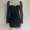 Long Sleeve Mesh Tie Up Hollow Drawstring Mini Dress Long Sleeve Mesh Tie Up Hollow Drawstring Mini Dress