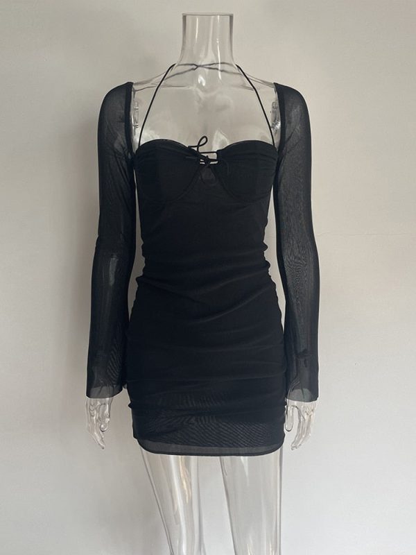 Long Sleeve Mesh Tie Up Hollow Drawstring Mini Dress Long Sleeve Mesh Tie Up Hollow Drawstring Mini Dress