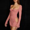 Long Sleeve Mesh Tie Up Hollow Drawstring Mini Dress Long Sleeve Mesh Tie Up Hollow Drawstring Mini Dress