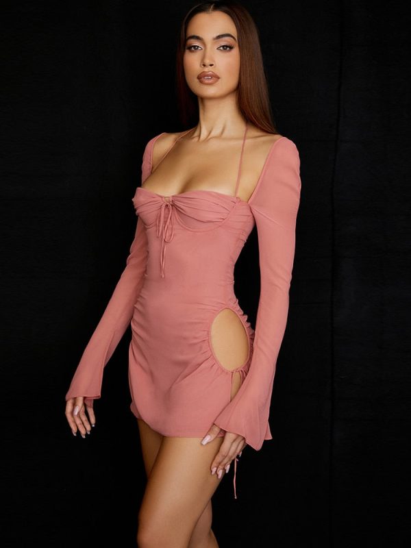 Long Sleeve Mesh Tie Up Hollow Drawstring Mini Dress Long Sleeve Mesh Tie Up Hollow Drawstring Mini Dress