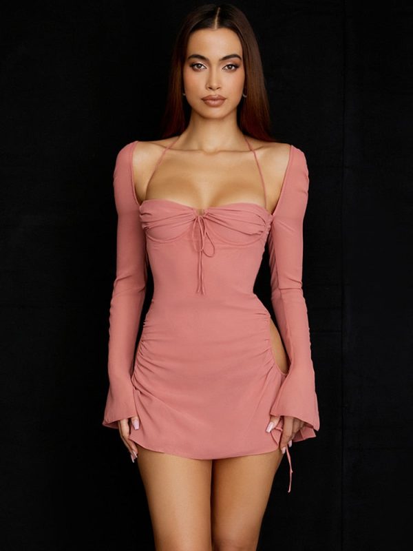 Long Sleeve Mesh Tie Up Hollow Drawstring Mini Dress Long Sleeve Mesh Tie Up Hollow Drawstring Mini Dress