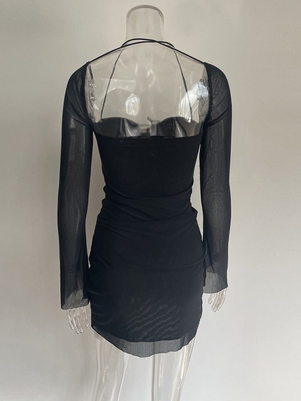 Long Sleeve Mesh Tie Up Hollow Drawstring Mini Dress Long Sleeve Mesh Tie Up Hollow Drawstring Mini Dress