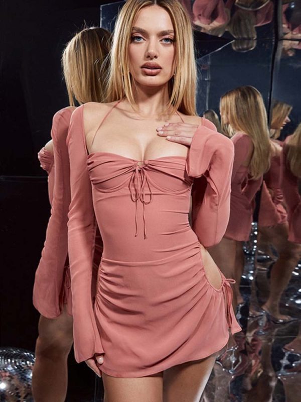 Long Sleeve Mesh Tie Up Hollow Drawstring Mini Dress Long Sleeve Mesh Tie Up Hollow Drawstring Mini Dress