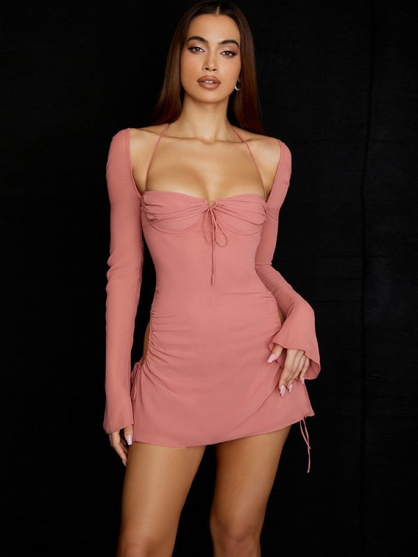 Long Sleeve Mesh Tie Up Hollow Drawstring Mini Dress Long Sleeve Mesh Tie Up Hollow Drawstring Mini Dress