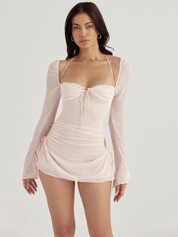 Long Sleeve Mesh Tie Up Hollow Drawstring Mini Dress Long Sleeve Mesh Tie Up Hollow Drawstring Mini Dress