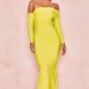 Long Sleeve Off Shoulder Slit Bandage Maxi Prom Formal Dress - Yellow Long Sleeve Off Shoulder Slit Bandage Maxi Prom Formal Dress - Yellow