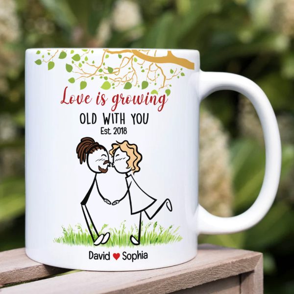 Love Is Growing Old With You, Gift For Couple, Personalized Mug, Stick Couple Kissing Mug, Anniversary Gift