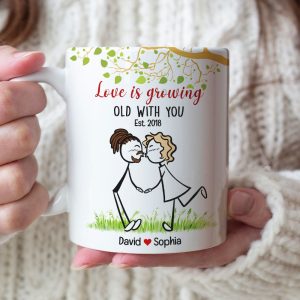 Love Is Growing Old With You, Gift For Couple, Personalized Mug, Stick Couple Kissing Mug, Anniversary Gift