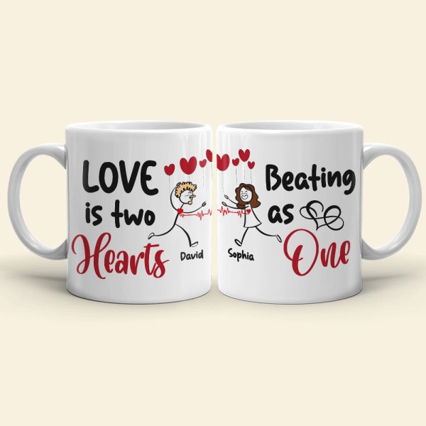Love Is Two Hearts, Personalized Couple Mug Set - Gift For Couple