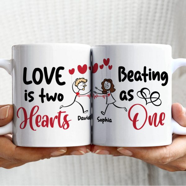 Love Is Two Hearts, Personalized Couple Mug Set - Gift For Couple