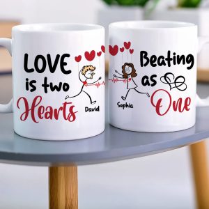 Love Is Two Hearts, Personalized Couple Mug Set - Gift For Couple