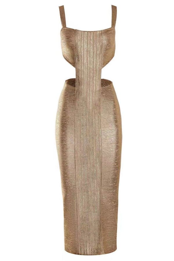 Luxury Metallic Bandage Cutout Bodycon Split Cocktail Party Midi Dress - Gold Luxury Metallic Bandage Cutout Bodycon Split Cocktail Party Midi Dress - Gold