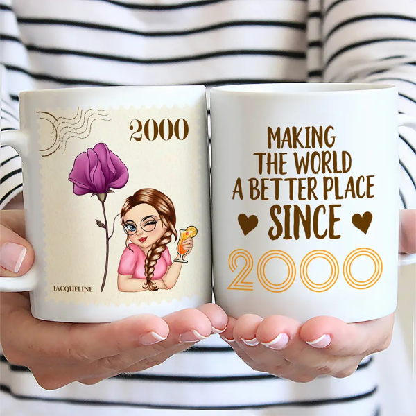 Making the World a Better Place Personalized White Ceramic Mug with Birth Year and Cartoon Girl Making the World a Better Place Personalized White Ceramic Mug with Birth Year and Cartoon Girl