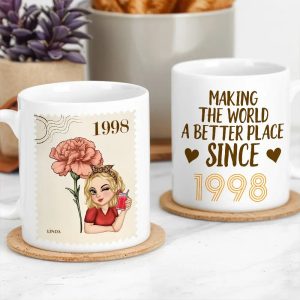 Making the World a Better Place Personalized White Ceramic Mug with Birth Year and Cartoon Girl