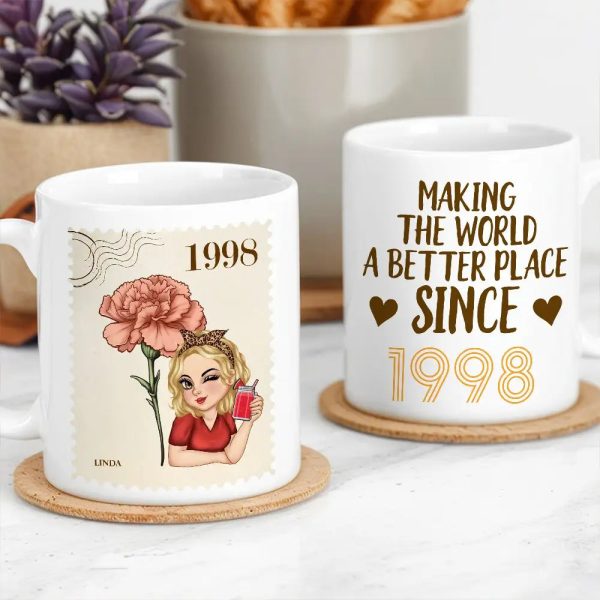Making the World a Better Place Personalized White Ceramic Mug with Birth Year and Cartoon Girl Making the World a Better Place Personalized White Ceramic Mug with Birth Year and Cartoon Girl