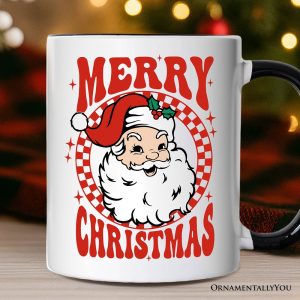 Merry Christmas Santa Personalized Mug, Retro Red Checkered Holiday Gift with Custom Name