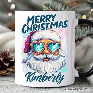 Merry Christmas Santa Sunglasses Christmas Personalized Mug, Funky Retro Holiday Gift with Custom Name